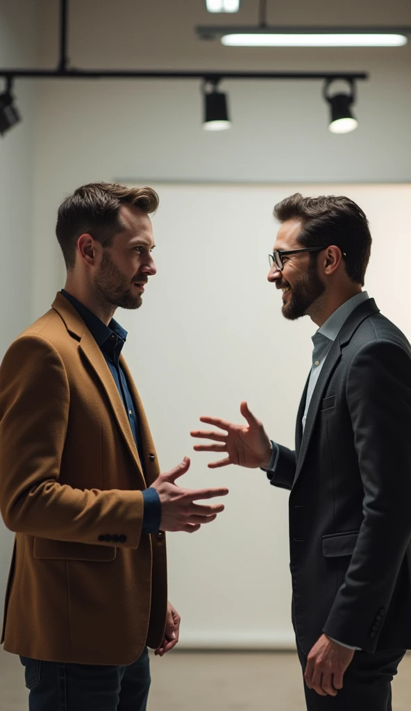 Visualize this with two contrasting figures, one giving constructive feedback with a serious expression, and the other showering praise with a too-cheerful demeanor.