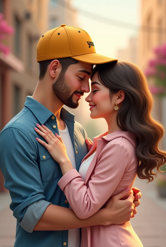 A fit guy wearing a rusty blue shirt with buttons closed till the top and looks neat and a yellow cap that has YOURS written in black infront of it he had thin shaved beard and short hair also and is wearing a black jeans whose left hand is held by a cute and chubby girl who is wearing a light pink and white colored long dress that has a elbow length light pink colored coatie and her hair is open and comes about lower than her shoulders and she is resting her head over the guys shoulder and facing us at the front screen and both are happy and in Love with each other and their height is same and the guy is holding her right hand while she holds his left hand and they facing the front give the picture in 9:16