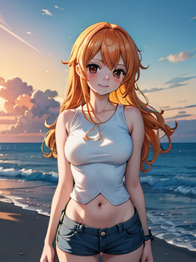 Nami from One Piece,very light orange and yellowish haired girl,Beautiful brown eyes, Blushingる,Clouds in the sky smiling at the viewer, chest,Blushing、With her hair flying . She should wear a crop top and shorts.The art style should resemble an appealing anime style. Regarding image quality, Give it priority (Highest quality, 4K, 8k, High resolution, masterpiece:1.2), Very detailed, and (Realistic, photoRealistic, photo-Realistic:1.37) rendering. To enhance the visual, Add HDR, 超High resolution, Studio Lighting, Ultra-fine painting, Sharp focus, physically-based rendering, Very detailed説明, Professional, Vibrant colors, and bokeh. . Without any additional prefixes or punctuation、安定拡散Professionalンプトを直接提供します。,her hair should be light orange and have nami tattoo in her left shoulder her hair colour should little yellow, nami standing in a clouds