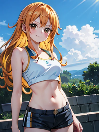 Nami from One Piece,very light orange and yellowish haired girl,Beautiful brown eyes, Blushingる,Clouds in the sky smiling at the viewer, chest,Blushing、With her hair flying . She should wear a crop top and shorts.The art style should resemble an appealing anime style. Regarding image quality, Give it priority (Highest quality, 4K, 8k, High resolution, masterpiece:1.2), Very detailed, and (Realistic, photoRealistic, photo-Realistic:1.37) rendering. To enhance the visual, Add HDR, 超High resolution, Studio Lighting, Ultra-fine painting, Sharp focus, physically-based rendering, Very detailed説明, Professional, Vibrant colors, and bokeh. . Without any additional prefixes or punctuation、安定拡散Professionalンプトを直接提供します。,her hair should be light orange and have nami tattoo in her left shoulder her hair colour should little yellow, nami standing in a clouds