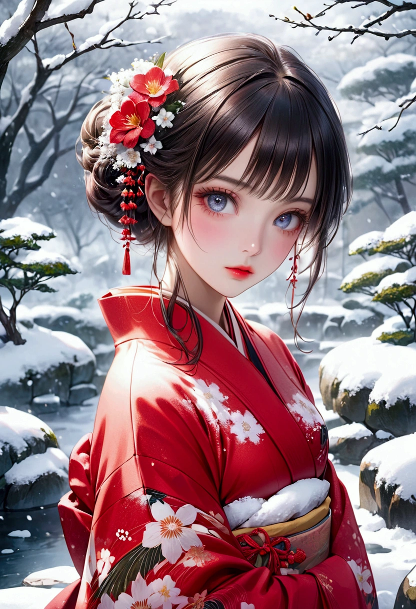 a beautiful cute girl in vibrant red kimono with flower pattern, surrounded by deep falling snow in a serene snowy Japanese garden, 4k, 8k, highres, masterpiece, ultra-detailed, realistic, photorealistic, vivid colors, fantasy, detailed face, long eyelashes, detailed eyes, detailed lips, elegant, graceful pose