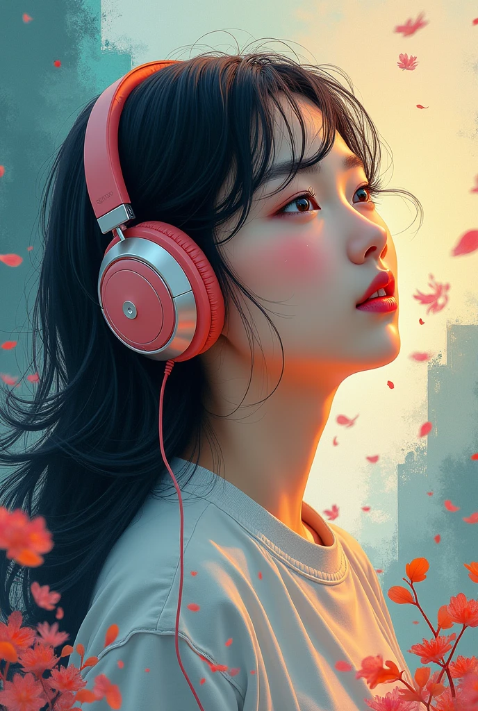 make an abstract image of a girl, headphone, korean