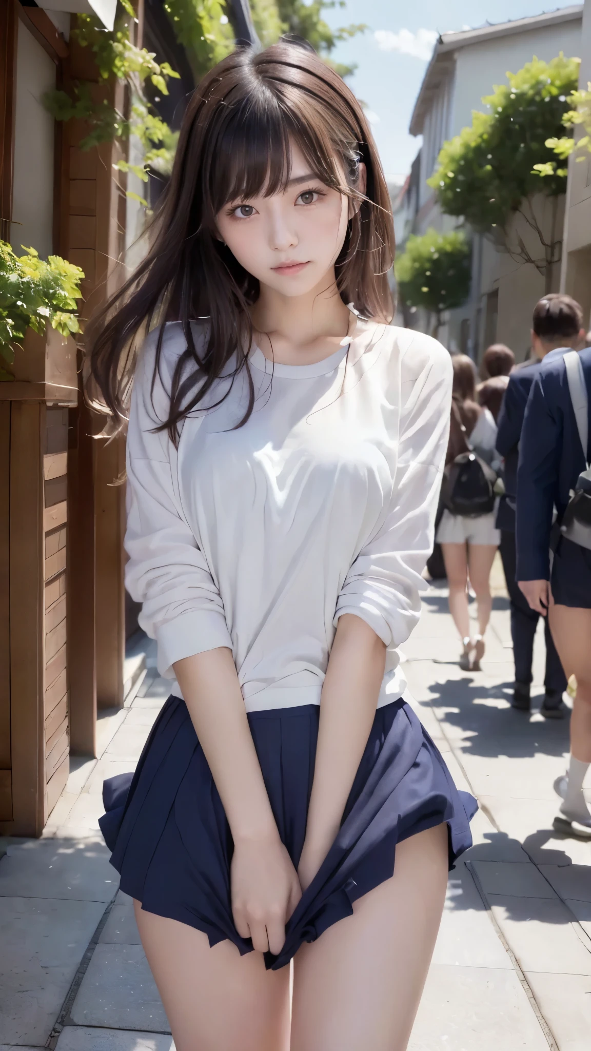 ((Beautiful and innocent high school girls and perverted men)), ((high school salor uniform)), (Being molested by perverted men), (The skirt is navy blue up by the strong wind:1.2), She is embarrassing in shame at having her pure white panties seen in public, Surrounded by perverted men on the street, (Beautiful brown straight hair:1.2), Increased sensitivity, Beautiful Eyes, Ultra high definition, Inner thighs, Slender body, Japanese, Anatomically correct, (Highest quality、Highest quality、Masterpiece、Ultra high definition、Reality:1.37), (Detailed eyes and face:1.3、Professional photography techniques)、(The right move)