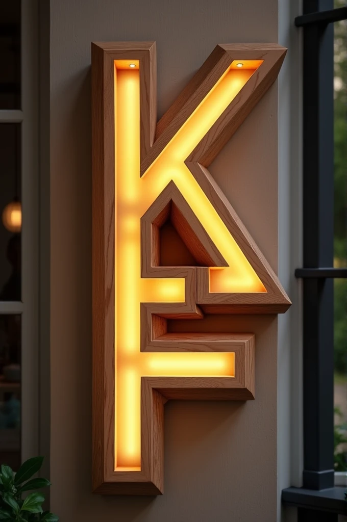 Fait moi une image de une applique exterieure en bois à partir des lettres K G et F et la structure est faite à partir de ces lettres