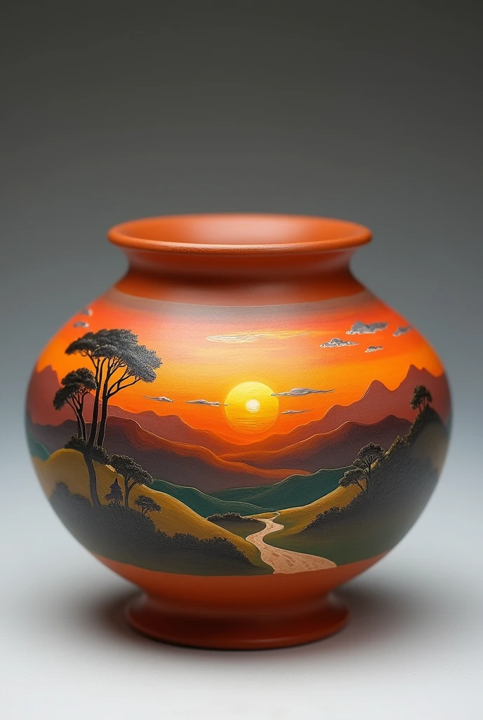 Small clay jar with a striking sunset landscape