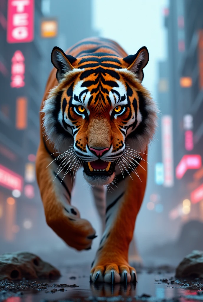 Indian bengal tiger with brown eyes in the cyborg city