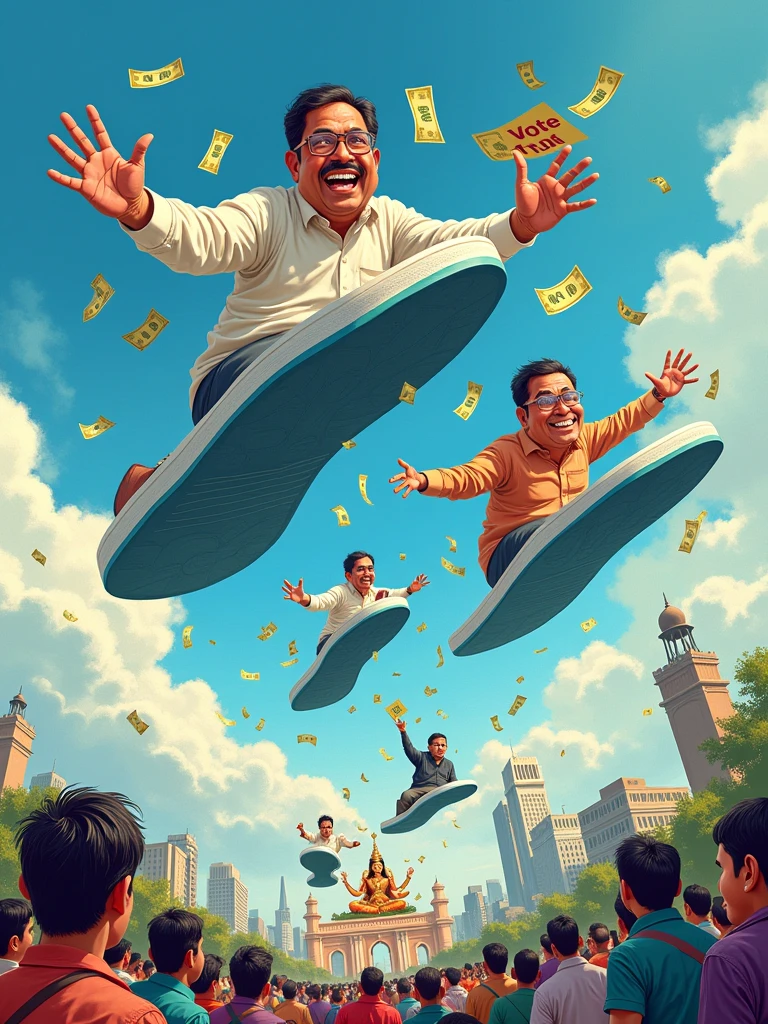 Create a comical image of TMC politicians flying over Kolkata on giant white and blue chappals (sandals), and their pockets are full of Indian rupees overflowing from their pockets. Below them, the citizens are throwing back their own chappals, trying to bring them down. The backdrop features Kolkata’s skyline, complete with the Victoria Memorial and a Durga idol holding a ‘Vote for TMC’ placard instead of traditional weapons.