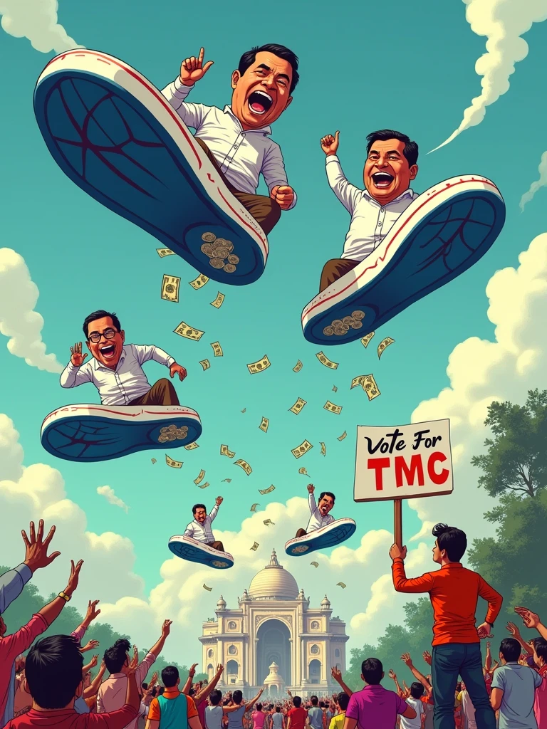 Create a comical image of TMC politicians flying over Kolkata on giant white and blue chappals (sandals), and their pockets are full of Indian rupees overflowing from their pockets. Below them, the citizens are throwing back their own chappals, trying to bring them down. The backdrop features Kolkata’s skyline, complete with the Victoria Memorial and a Durga idol holding a ‘Vote for TMC’ placard instead of traditional weapons.