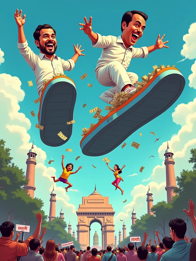 Create a comical image of TMC politicians flying over Kolkata on giant white and blue chappals (sandals), and their pockets are full of Indian rupees overflowing from their pockets. Below them, the citizens are throwing back their own chappals, trying to bring them down. The backdrop features Kolkata’s skyline, complete with the Victoria Memorial and a Durga idol holding a ‘Vote for TMC’ placard instead of traditional weapons.