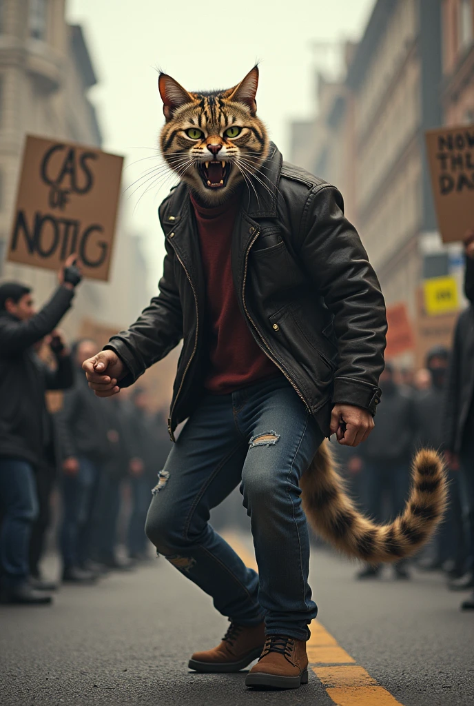 A cat-faced man participates in the protest. standing on the road seen from the side. His face is very expressive, displaying an intense, fierce, and aggressive look, with sharp eyes, bared fangs, and a snarling expression demanding justice. The background includes urban elements such as buildings and other protest signs, which add intensity to the scene. The atmosphere is tense, with a mix of realism and surrealism.