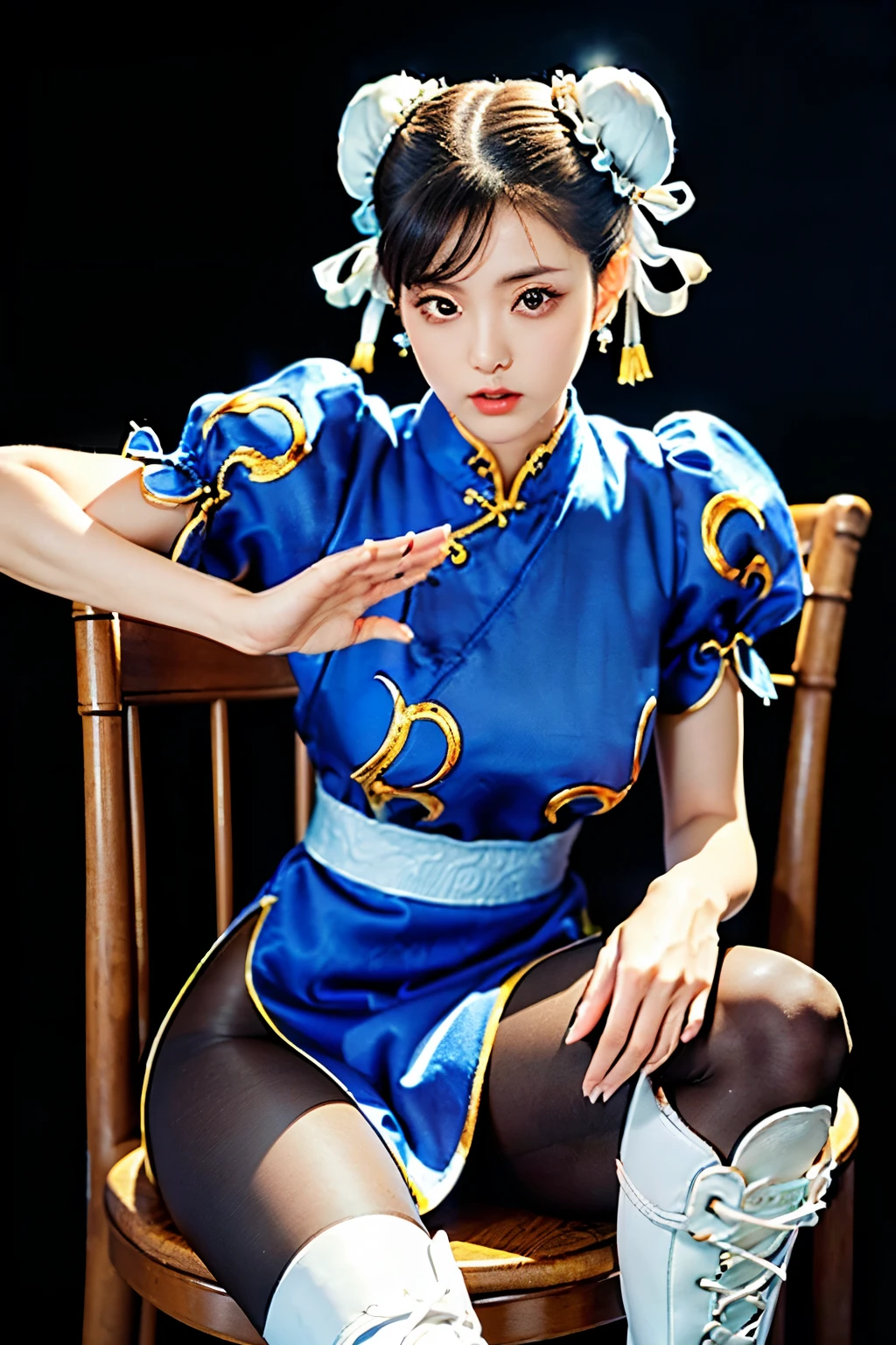 (Chun-Li from Street Fight II:1.2,perfect chun li costume:1.2,Blue cheongsam with gold lines:1.2,Bun head:1.2,bun cover:1.2,fighting pose:1.2,masterpiece:1.2、1 beautiful girl:1.2、fine eyes:1.2、puffy eyes:1.2、highest quality:1.2, 超High resolution:1.2, (reality: 1.4), movie lighting:1.2、Japanese:1.2、asian beauty:1.2、Korean:1.2、super beautiful:1.2、beautiful skin:1.2、body facing forward:1.2、(Full body:1.2,sitting:1.2,chair:1.2,legs togehter:1.2)、(超reality的な:1.2)、(High resolution:1.2)、(8k:1.2)、(very detailed:1.2)、(美しくfine eyes:1.2)、(Super detailed:1.2)、 (simple background:1.2)、detailed face:1.2、bright lighting:1.2、professional lighting:1.2、looking at the viewer:1.2、look straight ahead:1.2、slanted bangs:1.2、Nogizaka Idol:1.2、korean idol:1.2、masterpiece:1.2, highest quality:1.2, masterpiece:1.2, highest quality:1.2, perfect face:1.2, perfect brown eyes with white sclera:1.2, bad move-5:1.2, alone:1.2, 1 girl:1.2, brown hair:1.2, From SF2:1.2, Chinese service:1.2, muscular woman:1.2, blue clothes:1.2, pantyhose:1.2, pelvic curtain:1.2, Puffy short sleeves:1.2, Good cover:1.2, sash:1.2,beautiful calves:1.2,white boots:1.2),