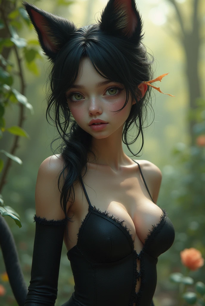 one girl, fox ears, , pure, cute naked, topless, a cat human Mix, human Body, big tits, furry skin, hairy nose , whiskers big eyes, black fur, Cat eyes, hybride 30 %Cat an 70 % human