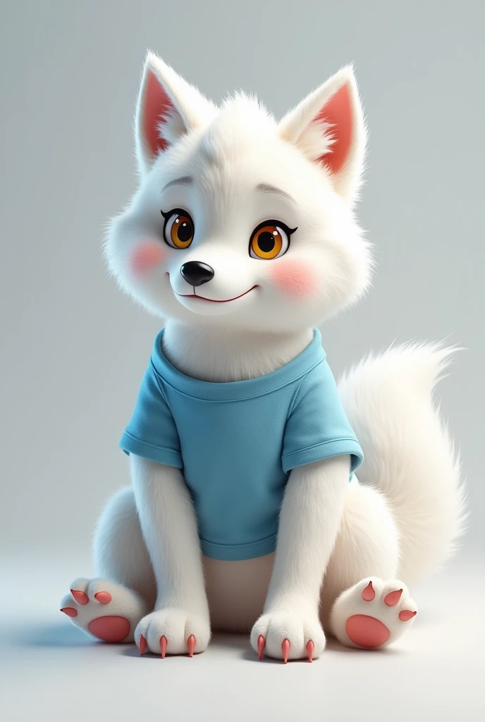 A white wolf furry, sitting, wearing blue t-shirt, yellow eyes, fluffy tail, pink paws