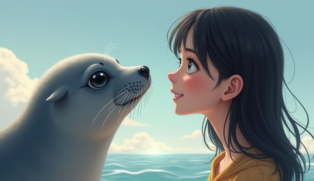 A 20-year-old woman with dark hair imagines a cute seal、Dark-haired young woman smiling、Side view、Photorealistic