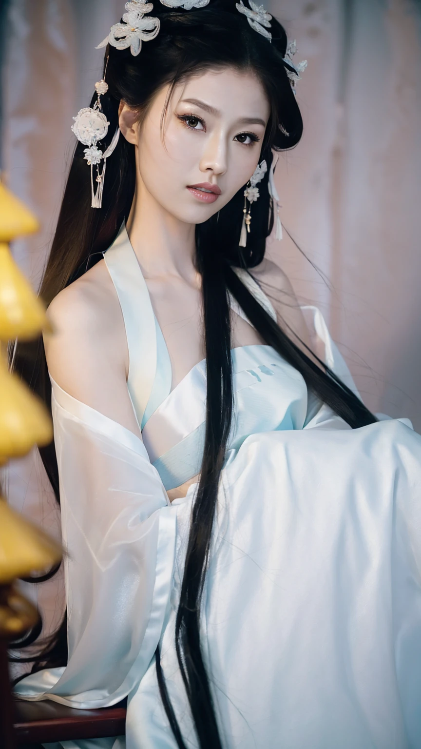 1 Fashion Model [[[[close up]]]], [[[[neck]]]], [[[[Shoulder]]]], (((Complete head)))，(((Complete hairstyle)))，Perfect eyes, Perfect Iris，Perfect lips，Perfect Teeth，Perfect skin，White skin，Soft headlights，High-density imaging，Black long hair，（Clean and delicate face），((White Hanfu))，((Half-length photo))，((night))，((Chinese Lanterns))，((Various dynamic poses))，((The background is the bedroom))，best quality，masterpiece，（Soft colors：1.2）