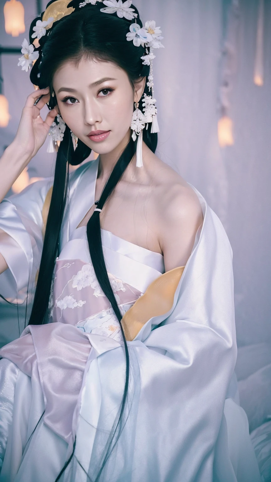 1 Fashion Model [[[[close up]]]], [[[[neck]]]], [[[[Shoulder]]]], (((Complete head)))，(((Complete hairstyle)))，Perfect eyes, Perfect Iris，Perfect lips，Perfect Teeth，Perfect skin，White skin，Soft headlights，High-density imaging，Black long hair，（Clean and delicate face），((White Hanfu))，((Half-length photo))，((night))，((Chinese Lanterns))，((Various dynamic poses))，((The background is the bedroom))，best quality，masterpiece，（Soft colors：1.2）