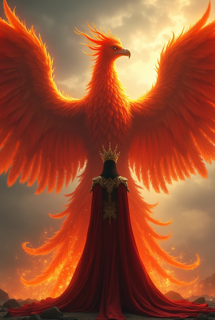 A big fired phoenix at background watching his queen 
