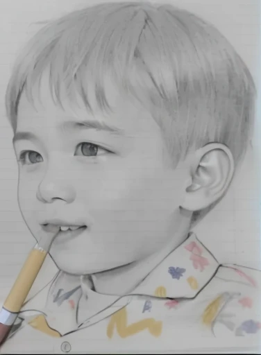 A picture of a boy smiling with his hand on his chest, a Pencil sketch, Realism drawing, Pencil sketch, Realistic sketch, Close-up portrait, pencil drawing, Realistic portraits, Professional sketching, cute portrait, hyperRealistic sketch, pencil on paper, Detailed portrait, Traditional portrait, loose Pencil sketch, Professional portrait, Art sketch, Realistic Graphite, Very Detailed Portrait The index finger and thumb of the left hand、Please generate a clean state where you have nothing.。Please create a beautiful alignment of your teeth.。Create a cute 。