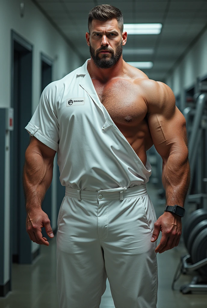A muscular gym worker doctor, wore a half of his working white suit,