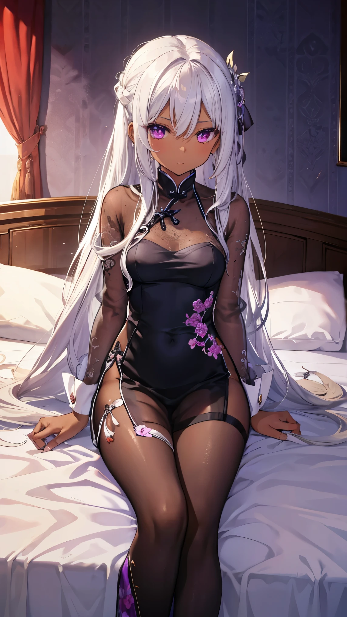 ,Highest quality,Silver Hair,Brown skin,Dark Skin,Sunburn,Purple Eyes,Very long hair,Straight Hair,Chignon,Flat breasts,Qipao,See-through,Bedroom,On the bed,Toned body,slender,