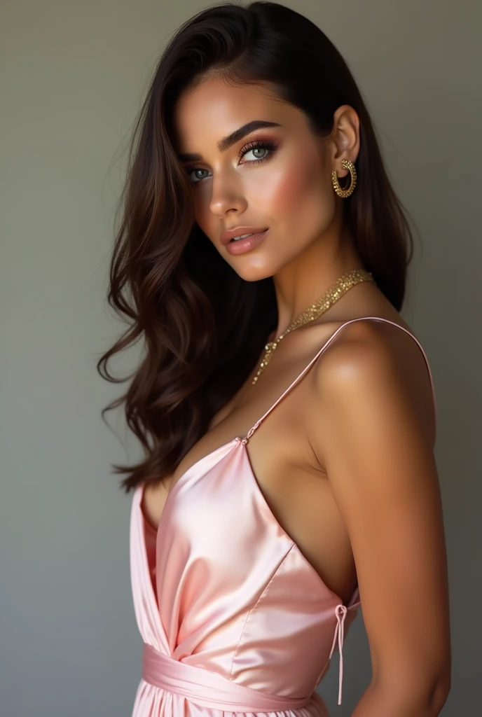 Tanned model with sexy light pink satin dress, dark and very straight dark brown hair to her chest, light blue eyes with heavy make-up and lots of subtle, gold jewelry, the woman is really beautiful