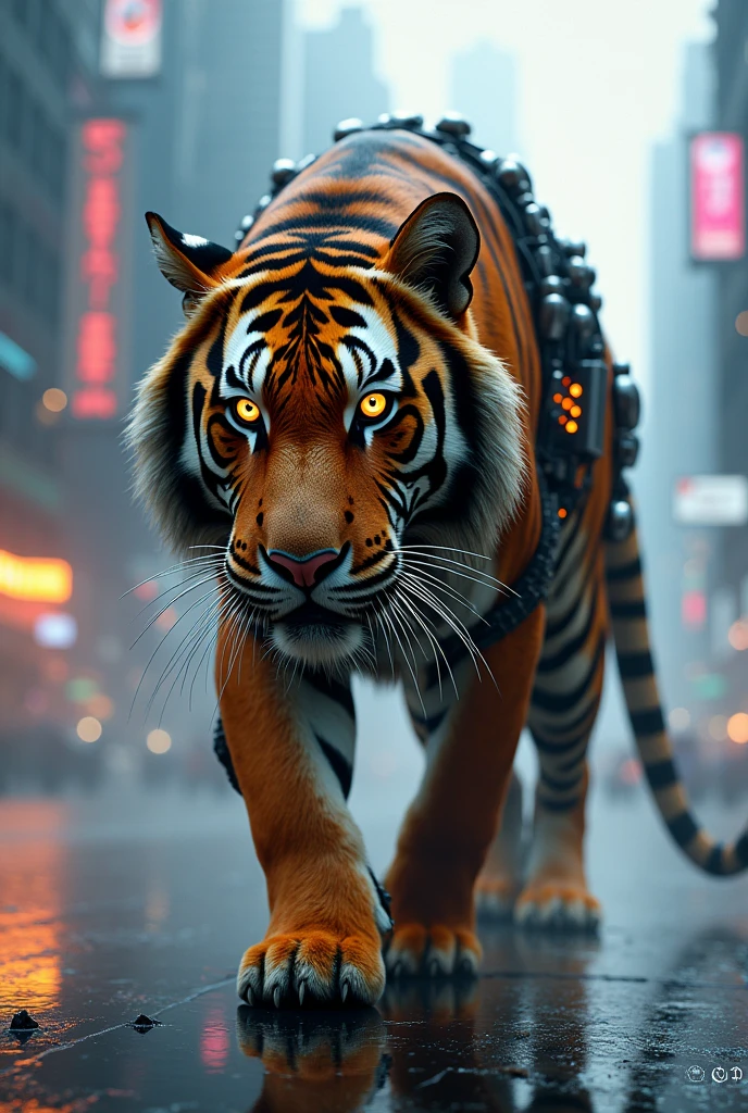 Indian bengal tiger with brown eyes in the cyborg city with neo lights