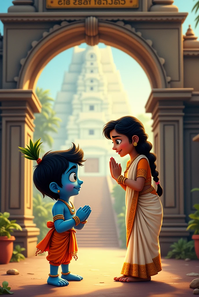 A temple arch in a village. wrote KULATHOOR DEVI TEMPLE in the arch behind the arch there is more steps to temple. A little blue cartoon krishna is standing in front of the arch and looking towards screen. A girl wear off white colour saree with golden colour blowse view from behind and talking something to krishna with pranam symbol