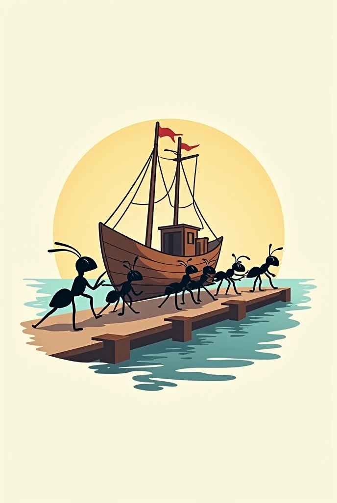 a logo in which some ants dressed as labours and are carrying an ship to the dock