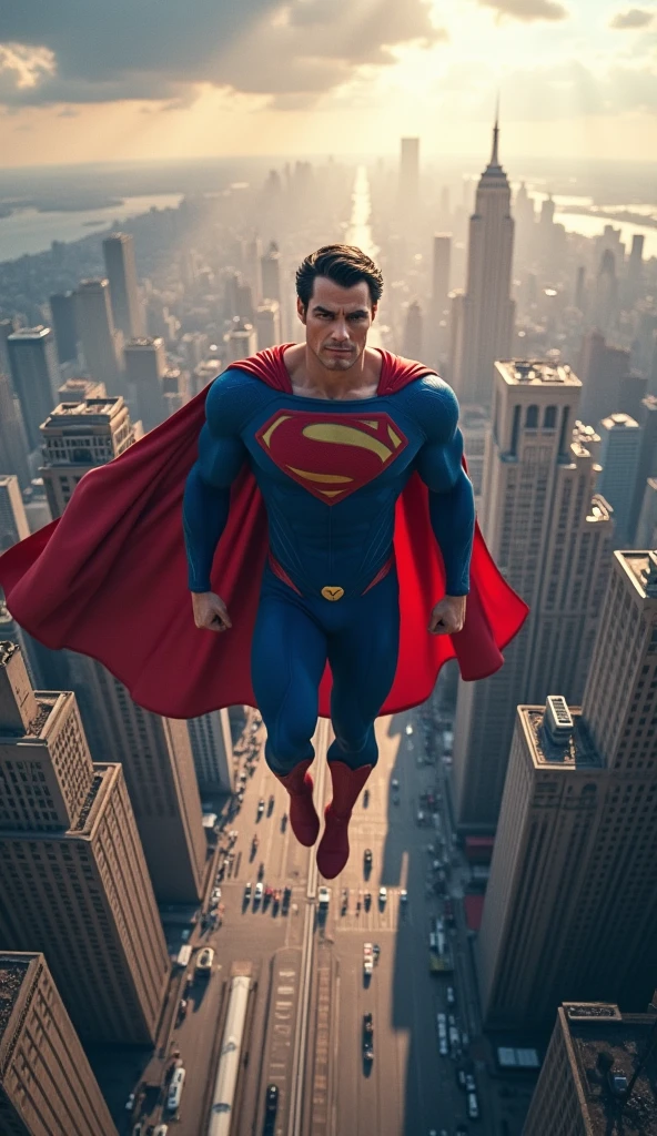 Superman flying over metropolis