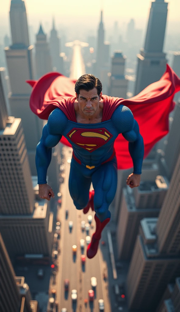 Superman flying over metropolis