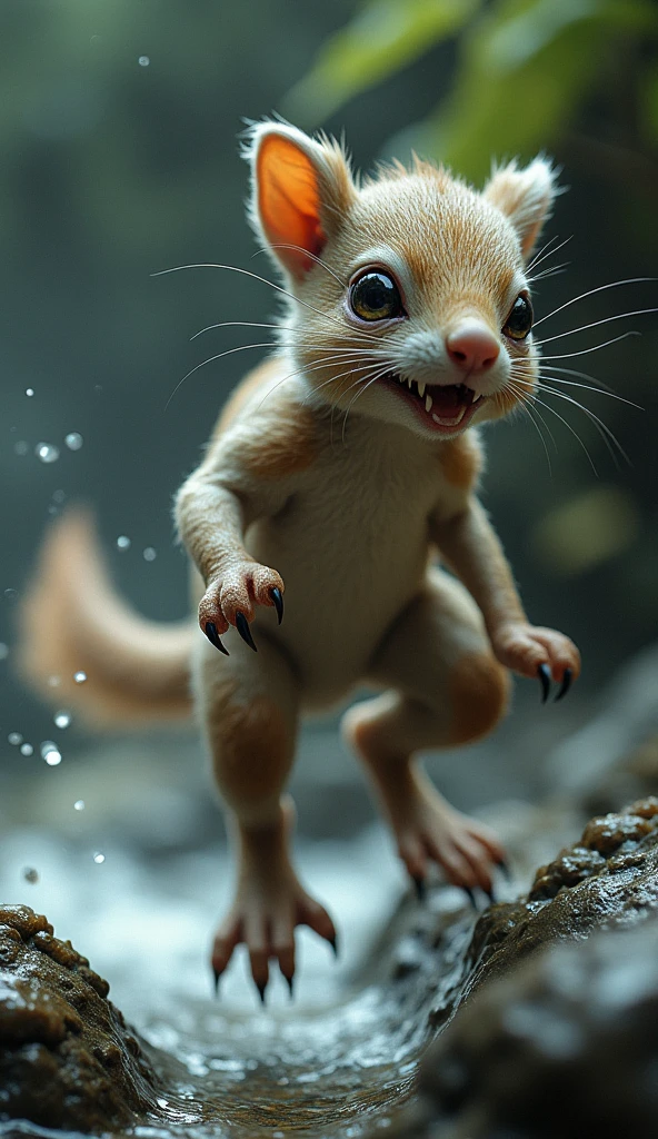 A cross between a squirrel with long fur and a fish, realistic photo, in dramatic nature