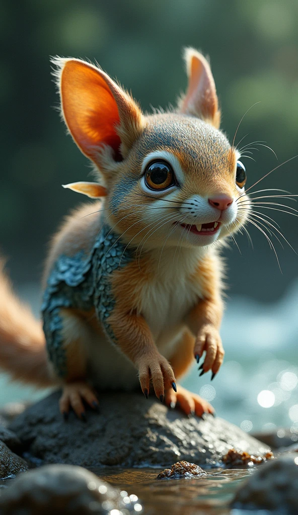 A cross ween a squirrel with long fur and a fish, realistic photo, in dramatic nature