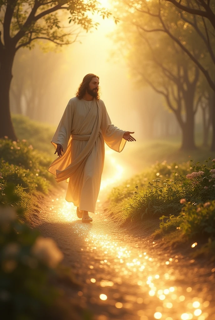Jesus walking on a path of light that winds through a serene landscape (perhaps a hill or forest). His figure is inviting, with one hand extended as if guiding someone.
