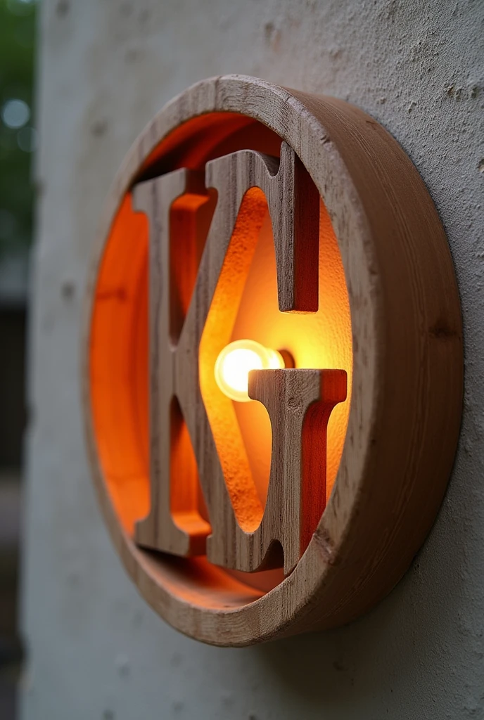 Fait moi une image de une applique exterieure ronde en bois à partir des lettres K G et F et la structure est faite à partir de ces lettres