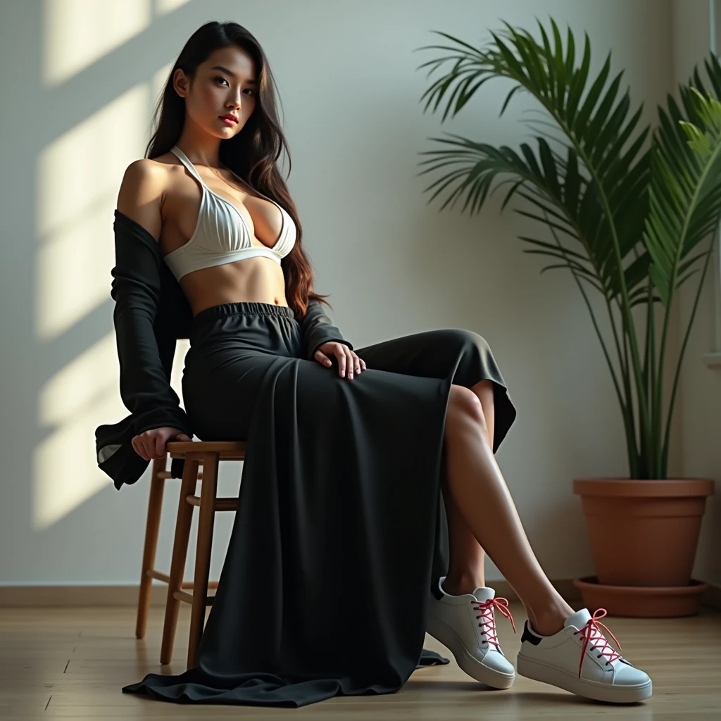 Realistic photograph of a slim young woman, pale, thin skin and dark skin, with big breasts. She is sitting on a wooden chair facing the camera., wearing a very tight white youth top that shows off her breasts, a very short red sports pants. White sneakers with red laces. She is in a modern painting room. clear with a pot of tropical plant, The light enters through a side window playing with the transparencies of the clothes. realistic photography