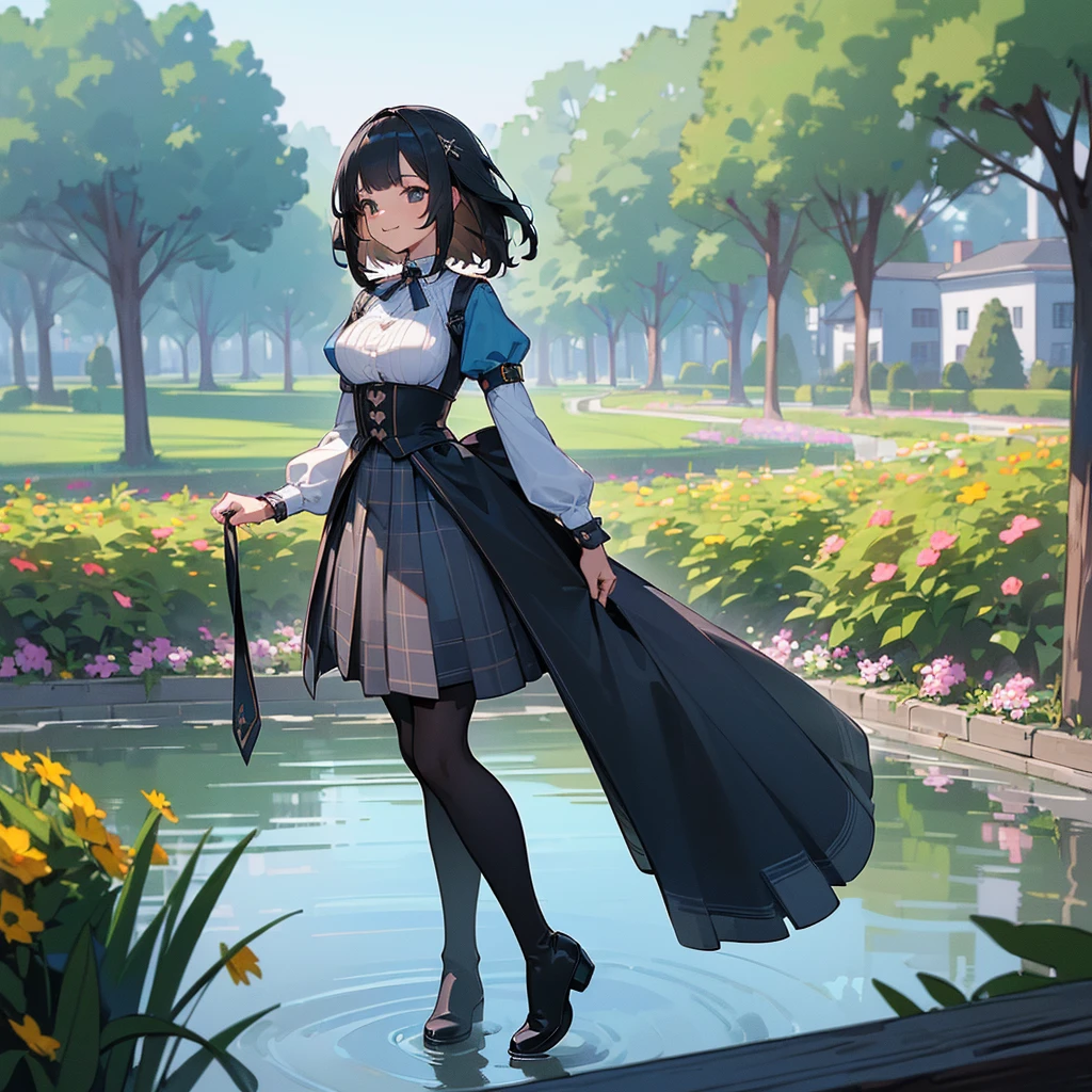 (high quality, High resolution, Very detailed, 8k, reality:1.37), Peaceful atmosphere, (Outdoor, garden), Teenage girl standing alone, (my breasts are big.), Beautiful and detailed features, Cute Smile, (Black bob hair), Blue checkered long skirt, black tights, Brown boots.