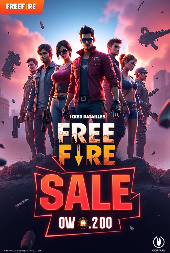 Create a banner about Free Fire item sales, with images of Free fire and the advertisement talking about the damn sales