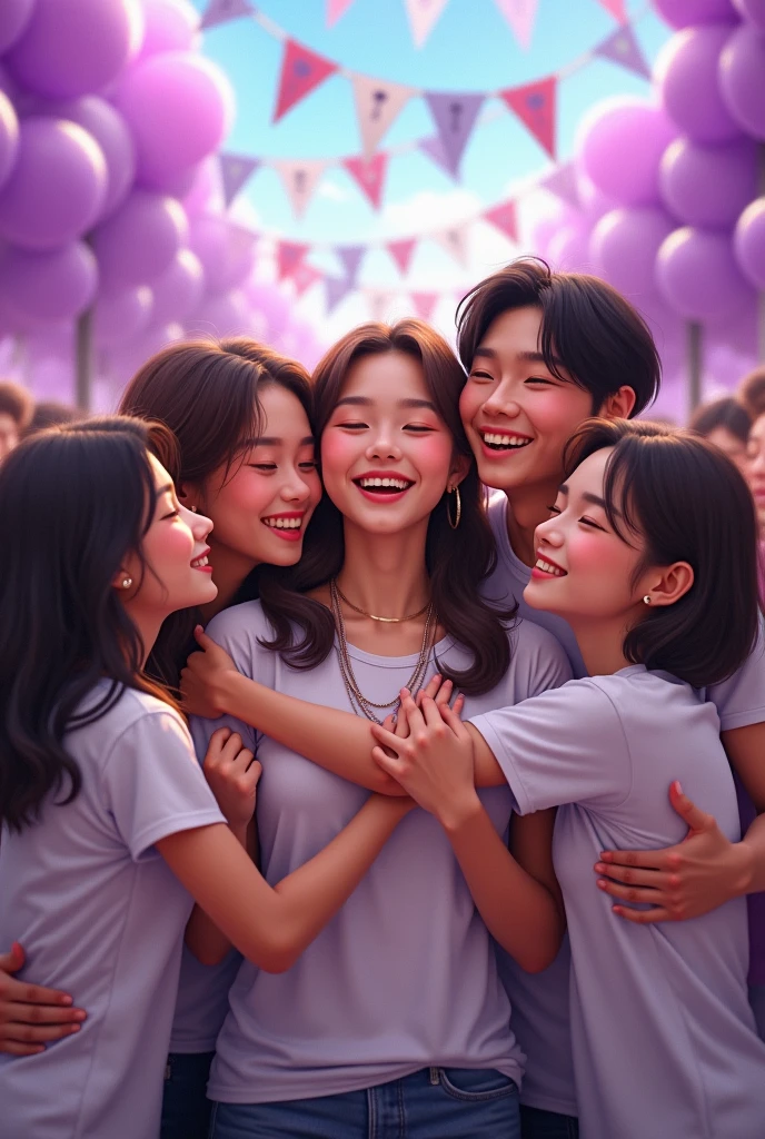 A group of BTS fans, wearing group t-shirts and accessories, hugging Sugar, who smiles with open arms. The background is decorated with purple balloons and banners saying "We love you, Sugar!" The atmosphere is full of joy and love.


