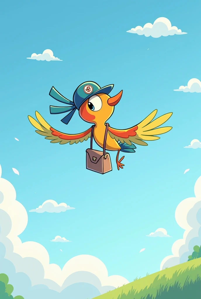 
cartoon of bird flying in blue sky with white clouds carrying small mail bag with stamp on cross body bag, the brightly colored bird