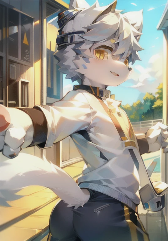 White male cat,boys,cute,Q version,Silver Hair,Detailed background,,Golden Eyes,Racing,Driver,Wear a helmet,倚靠在Racing上