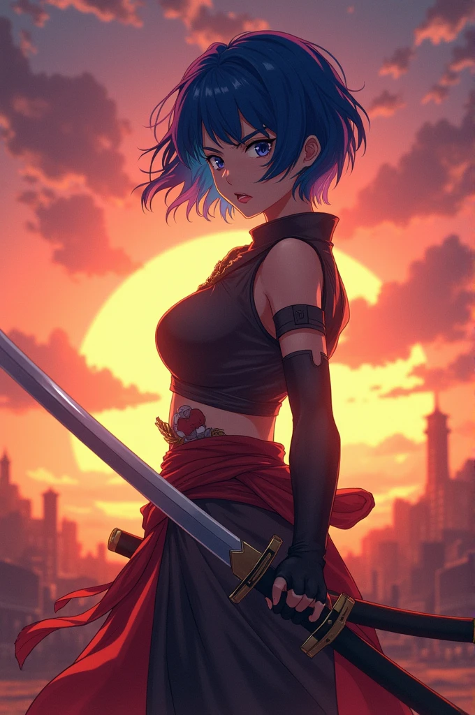 Create an image of a woman with short blue hair, with a katana in hand, in a fighting pose, in a sunset, Demon Slayer style 