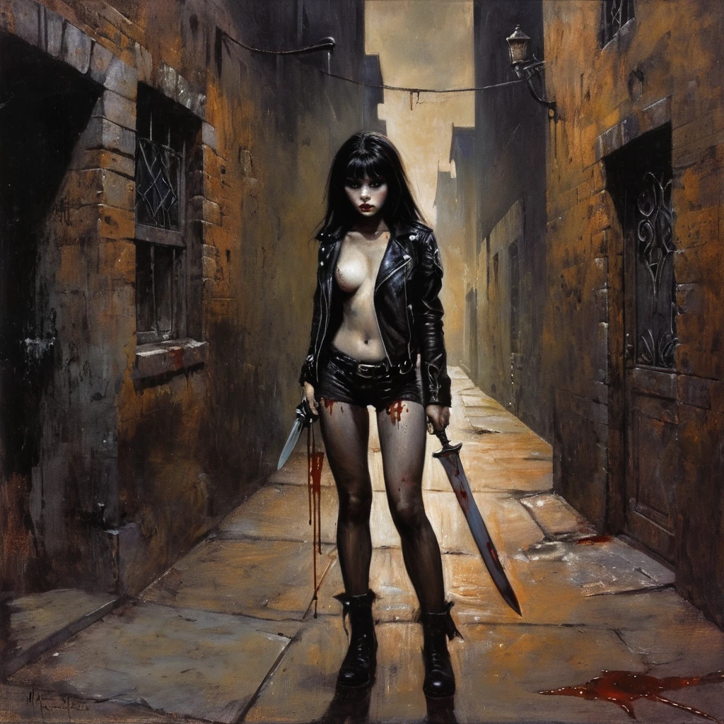 masterpiece,best quality,illustration, style of Mike Worrall and frank frazetta, high res, ((paiting)), (front view, standing up), ((1girl)), death metal album cover featuring a beautiful 20 years old girl, she is waiting for viewer in a dark alley with wicked intent, ((looking at viewer)), wearing a black leather jacket and spiked bracelet, ((holding a bloodied knife:1.5)), (blood on her hands) . ((night)), ((in a dark alley)), dark color palette, perfect anatomy