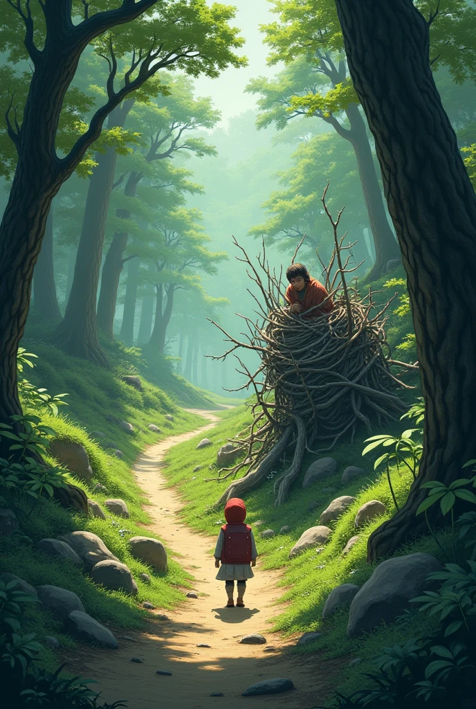 Illustrate a small figure walking slowly but steadily on a path, while another figure is stuck in place, surrounded by obstacles.