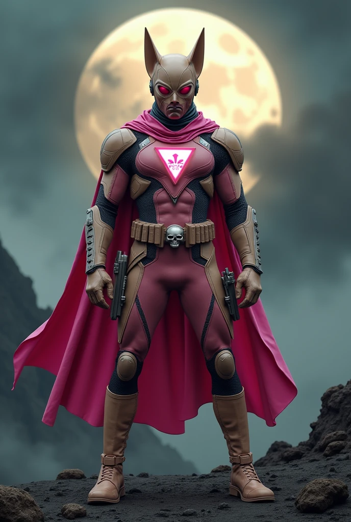 high-tech suit, vivid effects, malaysian superhero (KELUANG MAN) in a striking pink and beige costume cyberpunk design, mask small bat ear beige, daredevil biage mask, jumpsuit dark pink stands confidently in a dramatic, stormy landscape. ((Head covered node guard))The character wears a helmet with pointed ears and a flowing cape. Equipped with visible futuristic weapons on a belt, dark day, dark night, big supermoon effect .logo on chest triangle shape small skull cyber logo center on chest pink logo . The ground is uneven and rocky, adding to --ar 3:4 --style raw --stylize 500 --v 6.1