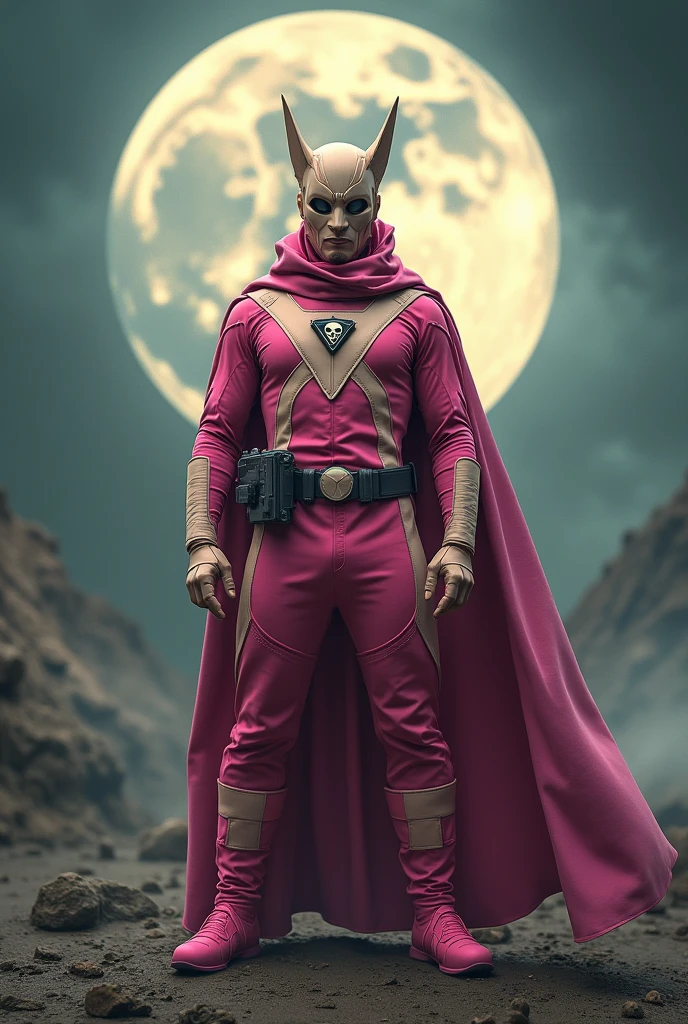 high-tech suit, vivid effects, malaysian superhero (KELUANG MAN) in a striking pink and beige costume cyberpunk design, mask small bat ear beige, daredevil biage mask, jumpsuit dark pink stands confidently in a dramatic, stormy landscape. ((Head covered node guard))The character wears a helmet with pointed ears and a flowing cape. Equipped with visible futuristic weapons on a belt, dark day, dark night, big supermoon effect .logo on chest triangle shape small skull cyber logo center on chest pink logo . The ground is uneven and rocky, adding to --ar 3:4 --style raw --stylize 500 --v 6.1
