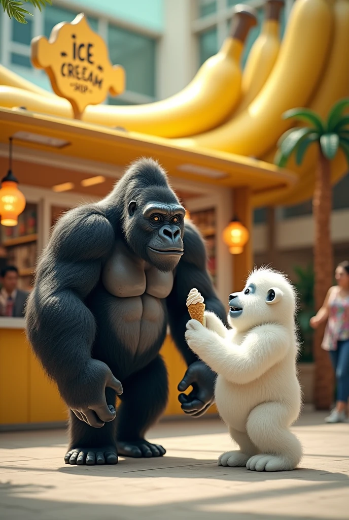 Gorilla also went to sit in a banana ice cream shop with Yeti in the mall, but Gorilla couldn&#39;t order ice cream because he couldn&#39;t speak human language, so Yeti volunteered to order it for him.