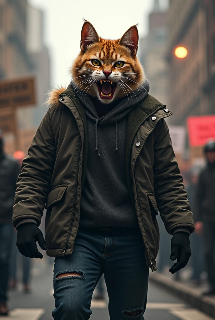 A cat-faced man participates in the protest. standing in the street. His face is very expressive, displaying an intense, fierce, and aggressive look, with sharp eyes, bared fangs, and a snarling expression demanding justice. The background includes urban elements such as buildings and other protest signs, which add intensity to the scene. The atmosphere is tense, with a mix of realism and surrealism.