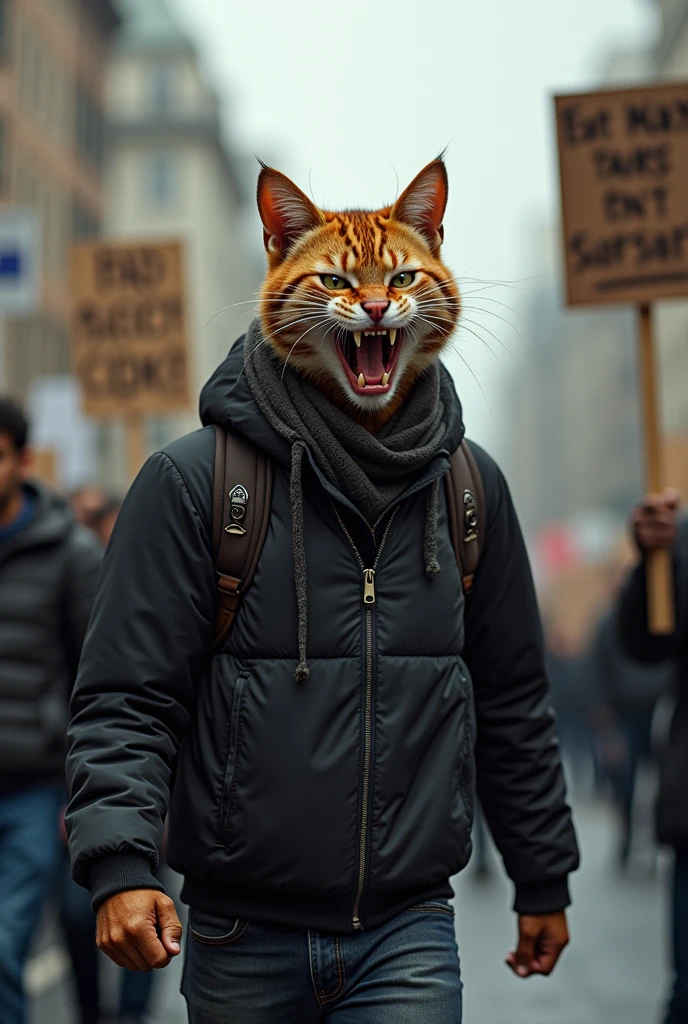three A cat-faced man participates in the protest. standing on the road seen from the side. His face is very expressive, displaying an intense, fierce, and aggressive look, with sharp eyes, bared fangs, and a snarling expression demanding justice. The background includes urban elements such as buildings and other protest signs, which add intensity to the scene. The atmosphere is tense, with a mix of realism and surrealism.