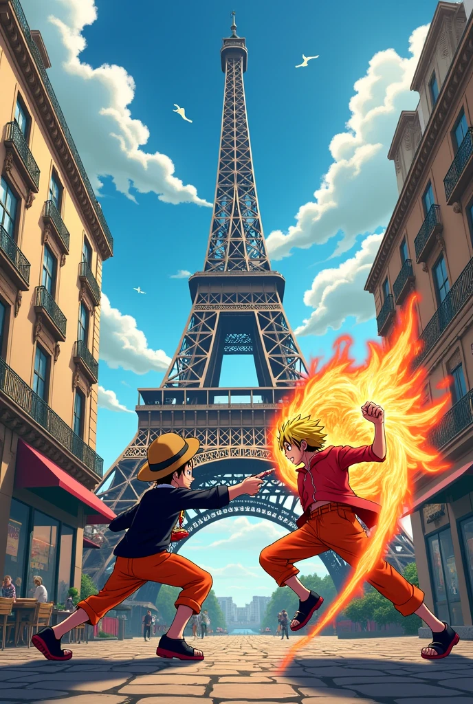 Naruto VS luffy in Paris Eiffel Tower .