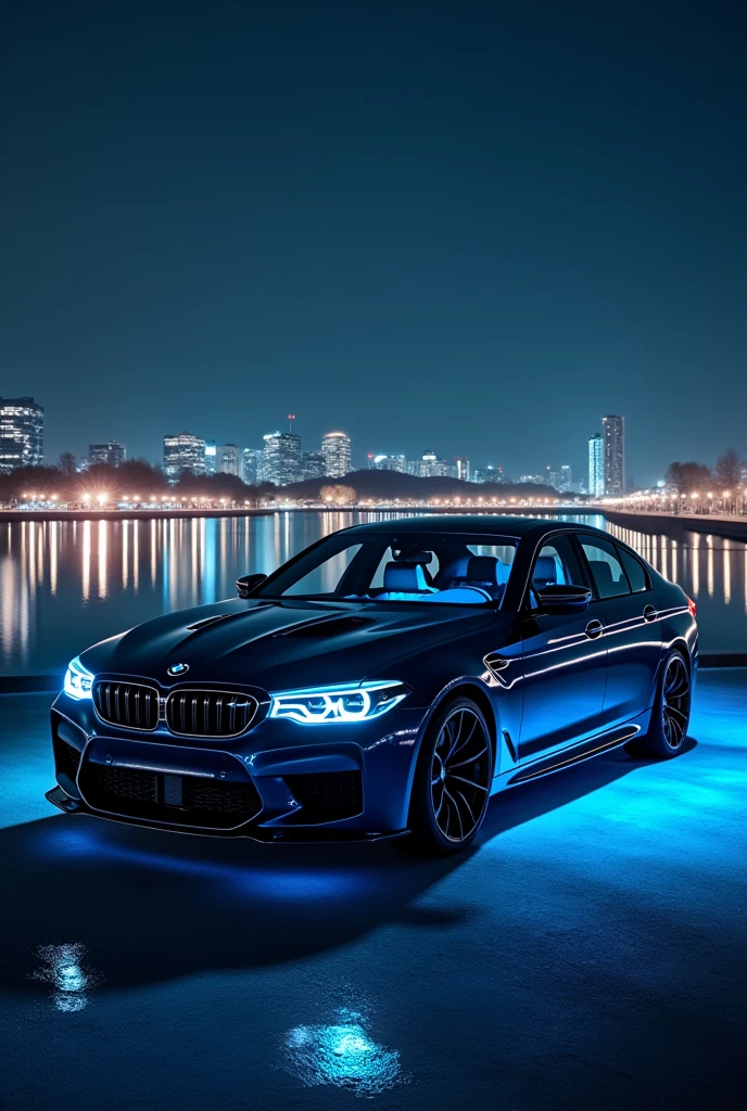BMW M5 CS Behind it is water and buildings illuminated at night.And the car lights are blueFrom inside the car